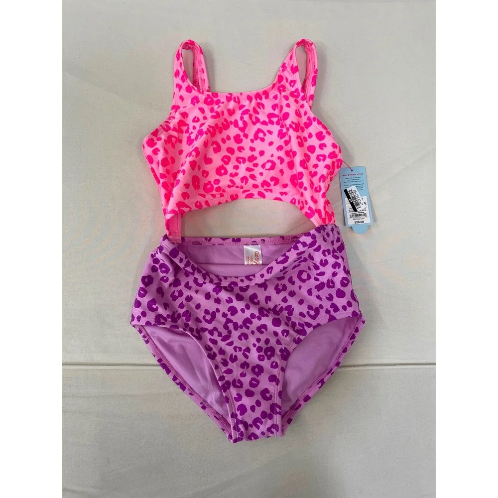 Cat & Jack Girls Leopard Print Cutout One-Piece Swimsuit Size L 10/12 NWT